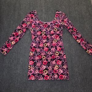 Floral 70s Retro Boho Velvet Mini Long Sleeve Dress Sz Large